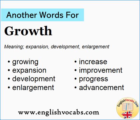 What is another word for growth. Synonyms for GROWING: booming, roaring, coming, promising, robust, runaway, gangbuster, thriving; Antonyms of GROWING: unsuccessful, failing, collapsing, slipping ... 