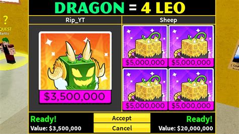 Blox Fruit Dealer: This NPC sells all devil fruits for Beli (in-game currency) or Robux. If the devil fruit was purchased with Robux, it will remain in the player's inventory. ... Dragon: 3,500,000: 2,600: Zoan/Beast: Heatwave Beam (1) Dragon Flight (75) Dragonic Claw (150) Fire Shower (250) Transformation (350) Leopard: 5,000,000: 3,000: Zoan ...