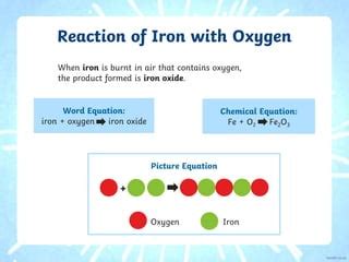What is formed in the reaction between iron and oxygen and what is formed in the reaction of