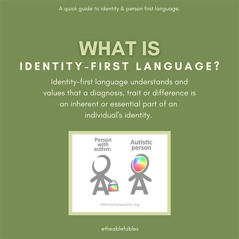 What is identity first language. Those constructions are called "identity-first" language, as opposed to "person-first" language where the person literally comes first: "children with epilepsy" and "adults with diabetes." The use or not of person-first language is a sensitive, important discussion, not unlike discussion of appropriate and respectful gender ... 