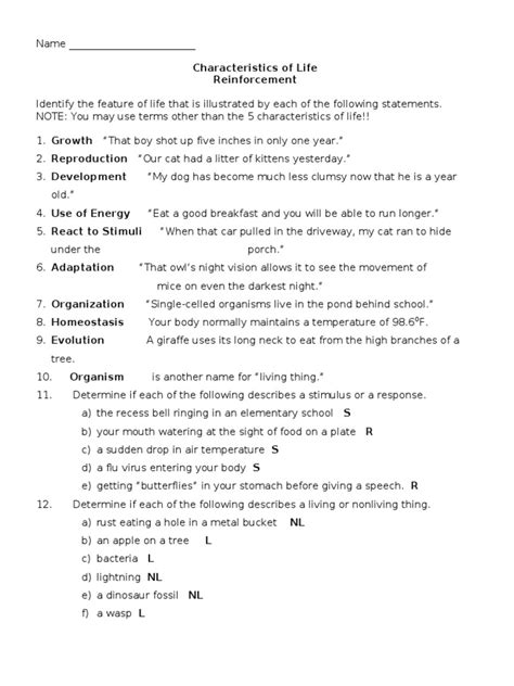 What is life worksheet answers