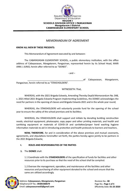 MEMORANDUM OF AGREEMENT. KNOW ALL MEN BY THESE PRESENTS: This Memorandum of Agreement is entered into by and between: CARLOS A. CABALLES, a Filipino, of legal age, single and a resident of Guihing, Hagonoy, Davao del Sur referred to as FIRST PARTY. and. REY JAMES R. DARVIN, a Filipino, of legal age, married and a resident. 