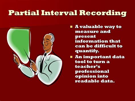 Nov 23, 2021 · Partial interval recording is when you look for a particular behavior and record whether or not that behavior occurred during any part of the specified interval. If the children were reading ... 