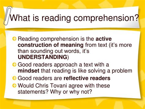 Reading comprehension is the endgame of any reading activity. Since there are different types of reading skills, there are different levels of reading comprehension too: Literal —refers to the comprehension of basic information within texts that allows you to answer the five Ws (who, what, where, when, and why) of the story or article you are .... 