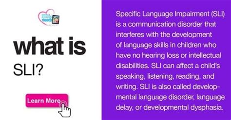 The term 'speciﬁc language impairment' (SLI), in use since the 1980s, describes children with language impairment whose cognitive skills are within normal limits where there is no identiﬁable reason for the language impairment. The latter is determined by applying exclusionary criteria.