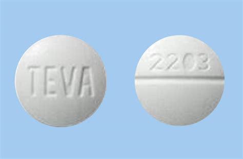 What is teva 2203 pill used for. BusPIRone Hydrochloride Tablets USP, 10 mg are available as white to off-white, round, beveled-edge tablets, debossed “TEVA” on one side and scored and debossed “54” on the other side, packaged in bottles of 100 (NDC 0093-0054-01) and 500 (NDC 0093-0054-05) tablets. 