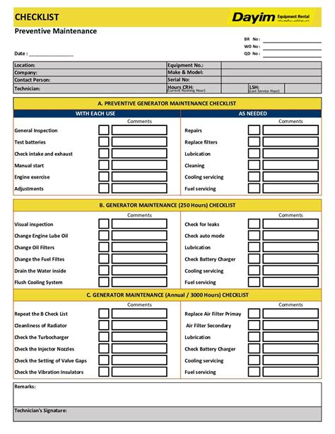 What is the maintenance checklist