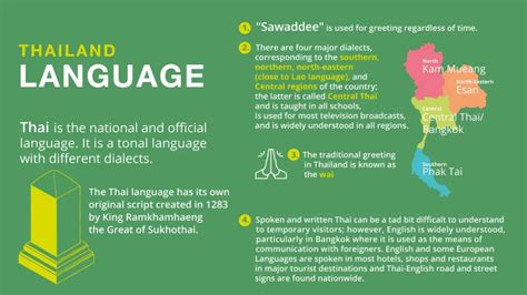 What language is spoken in thailand. Thai is the national language of Thailand, spoken by most Thais. It is a tonal language that uses five tones to distinguish meanings. In addition, it has the largest number of consonants in any language and uses no vowels at all. The Thai alphabet has 44 consonants and 32 vowels. 