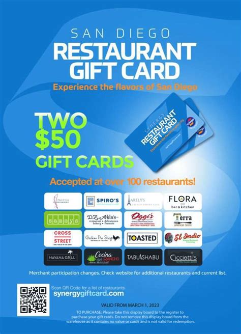 What restaurants take synergy gift cards. It can be used at any of the participating merchants. Please check back often to view which merchants are currently accepting the card. The advantage of this gift card is that you can use $10 at one merchant, $30 at another merchant and the remainder at a third restaurant. You are NOT limited to using the gift card money at only one restaurant. 