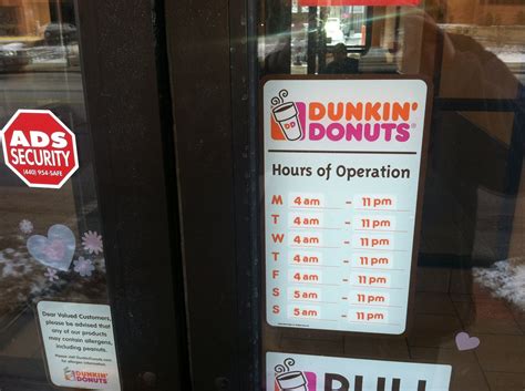What time does dunkin open today. Hours. Mon:5:00 AM - 9:00 PM. Tue:5:00 AM - 9:00 PM. Wed:5:00 AM - 9:00 PM. Thu:5:00 AM - 9:00 PM. Fri:5:00 AM - 10:00 PM. Sat:5:00 AM - 10:00 PM. Sun:5:00 AM - 9:00 PM. … 