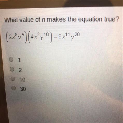 What value of n makes the equation true. Answer: makes the equation true. Step-by-step explanation: 3√n=8. To find the value of n makes the following equation true, we need to solve for 'n'. First to remove 3 we divide by 3 on both sides. To remove square root take square on both sides, because square and square root will get cancelled. 64/9 makes the equation true. 