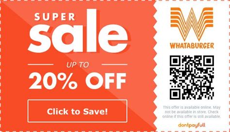 Whataburger coupons. Today, there is a total of 5 WhatABurger coupons and discount deals. You can quickly filter today's WhatABurger promo codes in order to find exclusive or verified offers. Make sure you also take advantage of today's WhatABurger free shipping deal: Free Shipping on Any $100+ Order. 