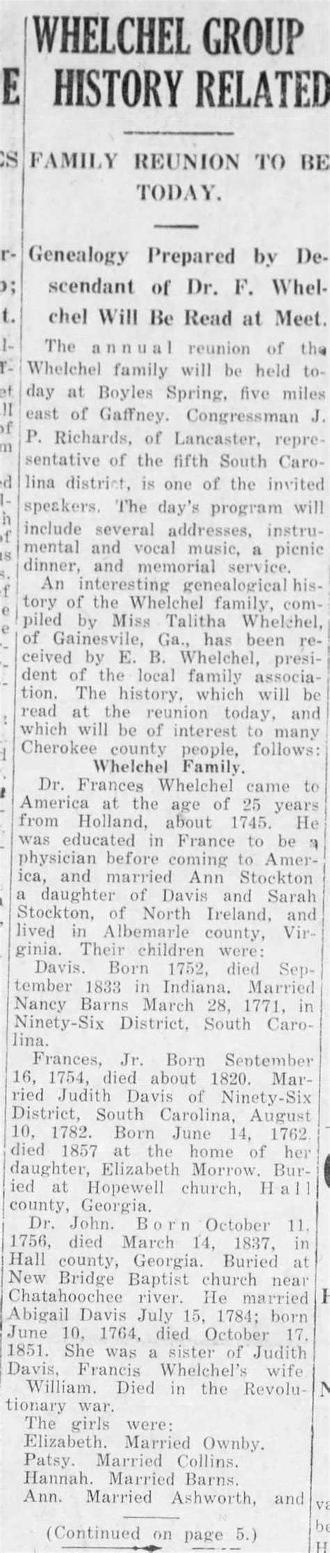 Whelchel family history : pioneers of Fortville Community