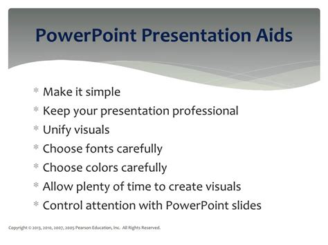 When designing a presentation aid the speaker should focus on. First and foremost, design with your audience in mind. Your slide show is not your outline. The show is also not your handout. As discussed earlier, you can make a significantly more meaningful, content-rich handout that complements your presentation if you do not try to save time by making a slide show that serves as both. 