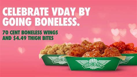When does wingstop have 70 cent wings. 70 Cent Boneless Wings. Get an order of our delicious boneless wings, sauced and tossed in your favorite flavor, for just 70 cents per wing. 