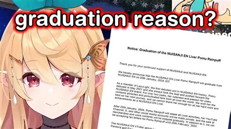 When is pomu graduating. Jan 16, 2024 · As a reminder, Pomu Rainpuff and Nijisanji announced her graduation back on January 5, 2024. Her videos will remain online after that happens, and people can still send in fan letters until ... 