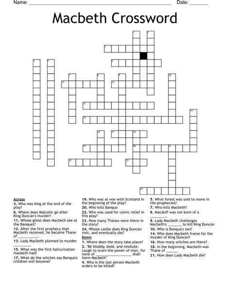When macbeth dies crossword. When Lady Macbeth sleepwalks is a crossword puzzle clue that we have spotted 1 time. There are related clues (shown ... When Lady Macbeth says "Out, damned spot!" When Macbeth dies; End of "Hamlet" or "Macbeth" When Gertrude dies in "Hamlet" End of many Shakespearean plays; Finale of "Macbeth" The last of "Hamlet" Recent usage in … 