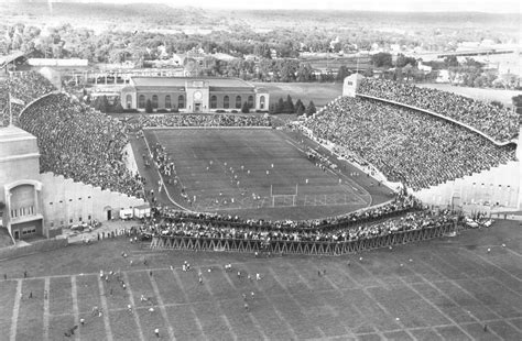 The first main expansion of Memorial Stadium was prior to the 1964 season, when stands were constructed in the south end zone giving the stadium its horseshoe configuration. Within the next two years, additional stands were built on the north side of Memorial Stadium raising its capacity to 65,000 by 1966.. 