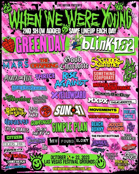 When we were young 2023. Blink-182’s newly reunited classic lineup and Green Day are set to headline the 2023 installment of When We Were Young. The pop-punk festival will return to Las Vegas Fairgrounds on Saturday, October 21st and Sunday, October 22nd (the same lineup will appear on both days). Other notable acts found on the lineup include The Offspring, … 