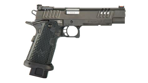 1. Staccato P. STI was the company that really made double stacks a “thing.” Since then, they have rebranded to Staccato, but the company is still building fantastic guns. The Staccato P makes the list as one of the most approved for duty-use double stacks 1911s out there.. 