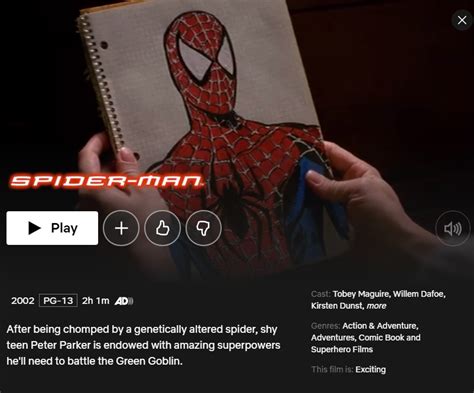 Where can i watch spider man. Spider-Man (2002) is the first film in the acclaimed trilogy by Sam Raimi, starring Tobey Maguire as the web-slinging hero. Watch it for free on Tubi, where you can also stream the other two movies and thousands of other titles in HD quality. Don't miss this classic origin story of Peter Parker, who must balance his love, … 