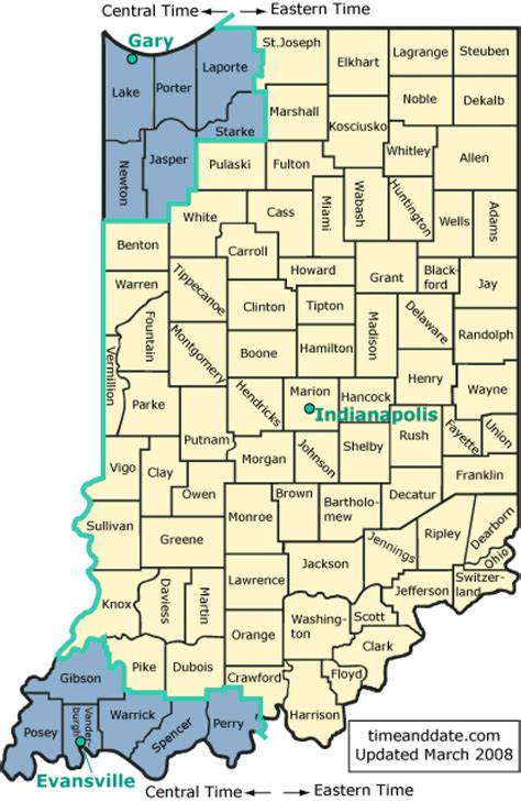 Mar 30, 2023 · While most of Indiana is in the Eastern Time Zone, there are 12 of our 92 counties that are in the Central Time Zone to make things easier with the surrounding areas. The most extensive study of the history of time zones in Indiana was published in The American Atlas (1997) by Thomas G. Shanks, where the author identifies 345 areas of the state ... 