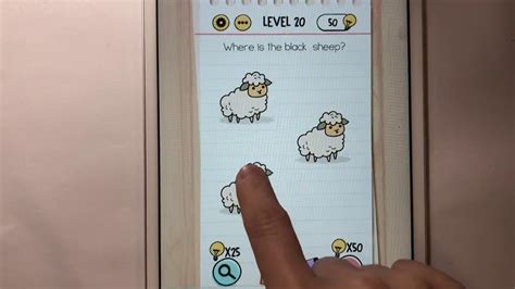 Learn how to solve the brain test level 20, which asks you to find the black sheep among four sheep. The answer is to place the black text on any of the sheep to make it black.