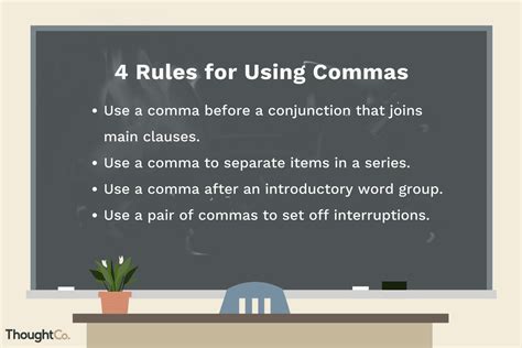 Where to put commas. To better understand the use of the comma, begin by learning the following eight basic uses: 1. USE A COMMA TO SEPARATE INDEPENDENT CLAUSES. Rule: Use a comma before a coordinating conjunction (and, but, yet, so, or nor, for) when it joins two complete ideas (independent clauses). He walked down the street, and … 