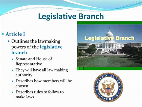 The Constitution created the 3 branches of government: The Legislative branch is in Article l: it establishes the national legislature called Congress which makes the laws and has the power to declare the war. Congress is divided into the Senate and the House of Representatives. The Executive branch is in Article ll: headed by a president and .... 