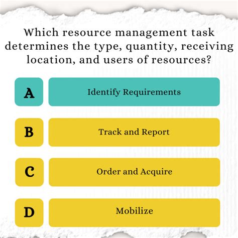 Weegy: Identify Requirements resource management task determines the type, quantity, receiving location, and users of resources. Score 1 User: 10. Which communications management practice includes specifying all of the communications systems and platforms that parties will use to share information?