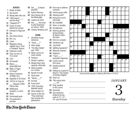 In a big crossword puzzle like NYT, Skip to main content. Hit enter to search or ESC to close. Close Search. search. Menu. NYT Mini October 6 2023. Something you choose to chew NYT Crossword Clue; Country whose name is a facial feature + A NYT Crossword Clue; High, as expectations NYT Crossword Clue;. 