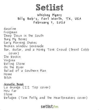 Whisky myers setlist. Get the Whiskey Myers Setlist of the concert at Wesbanco Arena, Wheeling, WV, USA on June 2, 2023 from the 2023 Tour and other Whiskey Myers Setlists for free on setlist.fm! 