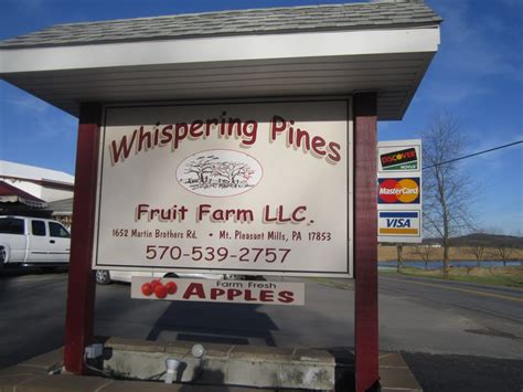 Whispering pines fruit farm. About Whispering Pines Fruit Farm. If you need to stock up on groceries for the week, Whispering Pines Fruit Farms in Mount Pleasant Mills has great deals and steals. You can park your car in one of their many available spaces. Get all your groceries from Whispering Pines Fruit Farms and whip up a meal in minutes. 