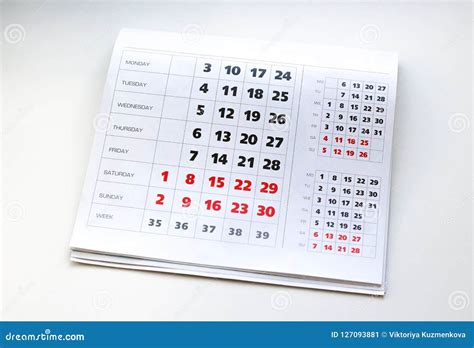 White Calendar. Weekends are Highlighted in Red Stock Image Image of
