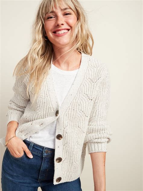 Printed Cropped Cozy-Knit Cardigan for Women. $40 at Old Navy. Credit: Old Navy. A little leopard print in your closet is always a good idea. It adds just the right amount of feline flair to any simple outfit. This affordable option comes in sizes XS to 4X so really, anyone can wear it! 18.. 