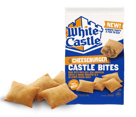 White castle bites. Product Details. White Castle Bites are the perfect size for snacking! Share 'em or keep 'em all for yourself. Inspired by the classic Castle crave and made with 100% beef and real cheese in a golden, crispy crust. Made with 100% beef. Made with real cheese! Turn your home into a Castle! 