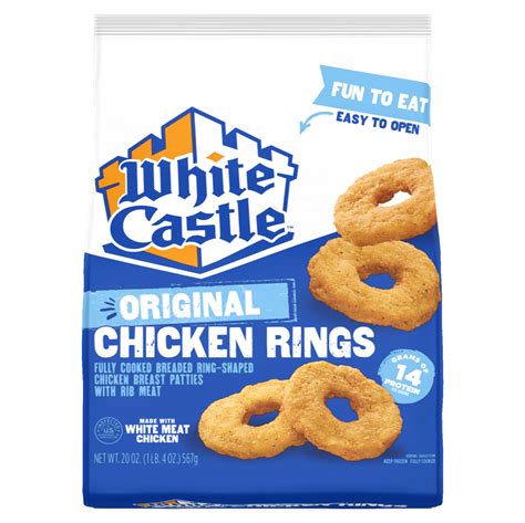 White castle chicken rings. There are 320 calories in 1 serving (114 g) of White Castle Chicken Rings - 6 Pc.. Calorie breakdown: 60% fat , 16% carbs, 24% protein. Related Chicken from White Castle: 