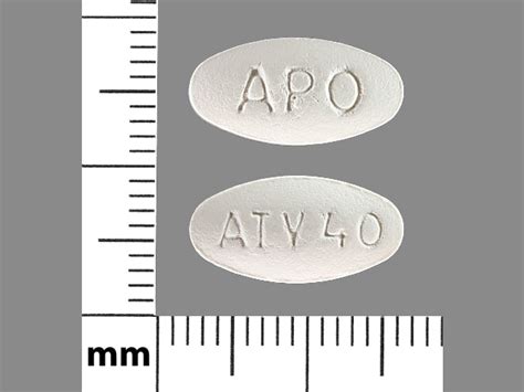 40 mg, oval, white, imprinted with APO, ATV40. Imag