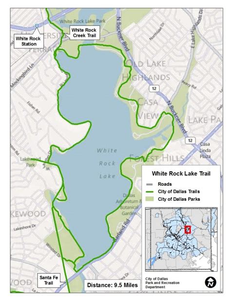 White rock lake trail. The White Rock Lake neighborhood surrounds the actual lake and includes several parks. The actual lake covers 1,254 acres and is a popular spot for paddle boarding, sailing, canoeing, and kayaking. Trails surrounding the lake provide opportunities for walking, jogging, and bicycling. 