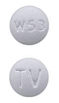 A white round pill with imprint TV 53 is a prescription medicine for anxiety, panic disorder and other conditions. It is also known as buspirone and has the NDC code 000930053.