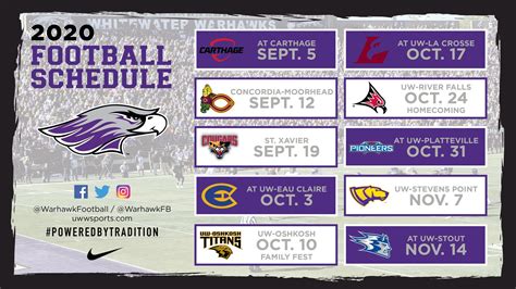 Whitewater football schedule. Aug 31, 2023 · Season Record. PCT. PCT 1.000. September 9: Coach A Day. September 30: Youth Day. October 21: Wall of Fame/Varsity Homecoming/Family Weekend/Maroon Out/Band Day. October 28: Veterans Day/Senior Day/Faculty Appreciation. 