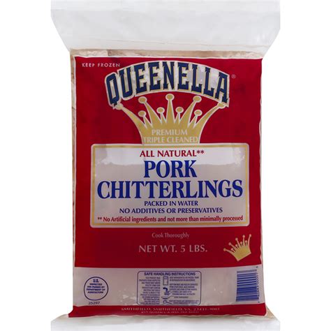 Smithfield Queenella All Natural Frozen Fresh Pork Chitterlings deliver quality pork flavor in every bite. Also known as chitlins, pork chitterlings have a distinctly mild flavor and strong aroma. With no additives or preservatives, these all natural Smithfield chitterlings are triple cleaned for a wholesome meal you can trust.