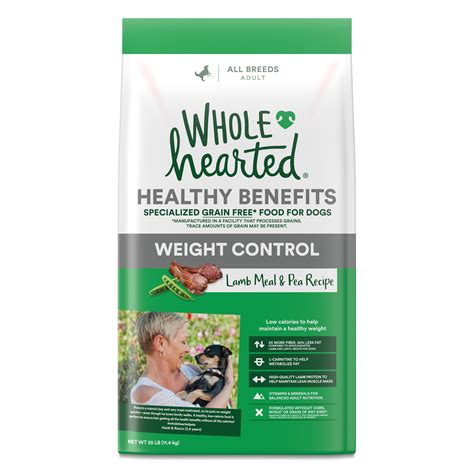 The WholeHearted Healthy Benefits Weight Control Lamb and Pea Recipe Dry Dog Food is grain free and low in calories to help maintain a healthy weight. Because each bowl offers more fiber, you can help your pup feel fuller sooner, and for longer, so they consume less calories. . 
