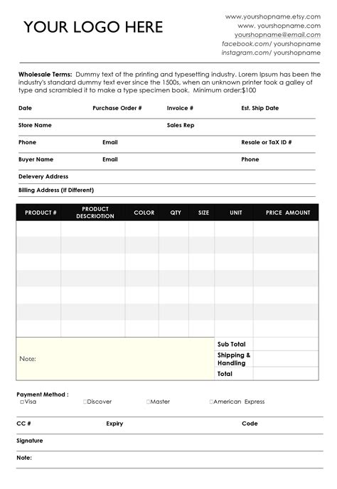 Wholesale Order Form Word Template Design