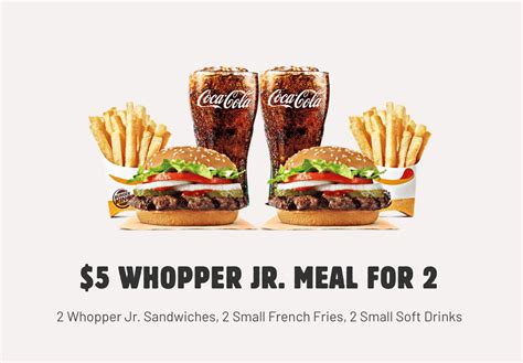 Whopper jr 2 for 5. Burger King welcomes the new year by bringing back the $5 Your Way Meal deal and updating the entree choices.. The $5 Your Way Meal is a value-priced combo that includes a choice of either a Whopper Jr., Bacon Cheeseburger, or Chicken Jr. to go with a small order of French fries, a 4-piece order of chicken nuggets, and a small soft drink. 