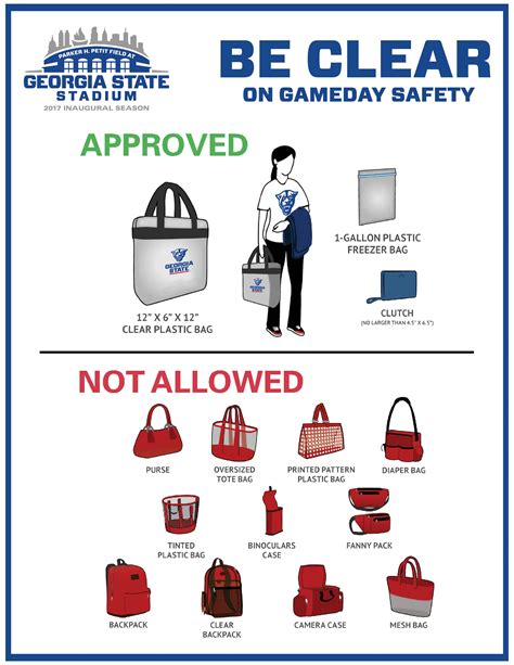 31 de jul. de 2019 ... How many bags may each person bring into the stadium? One large clear bag -- either a one-gallon clear resealable plastic bag or a 14” x 6” x 14 .... 