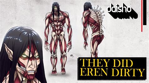 Eren's Founding Titan has a physically different appearance than the rest, and it's by far one of the largest Titans in the series. The viewers would also notice that Eren's Titan has a strange skeletal body – more like a monstrous spine, and there's a reason why it's like that.. 