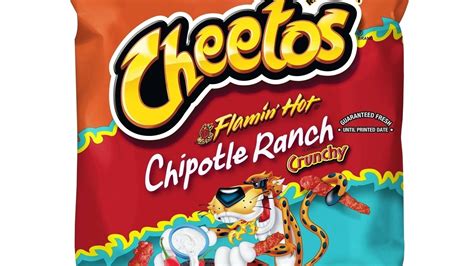 Cheetos. Cheetos, Crunchy, Flamin' Hot, Chipotle Ranch Flavored, Cheese Flavored Snacks. Net Wt 8 1/2 OZ (240.9 g), Bag . 028400648752. Nutrition. Ingredients. Allergens. About this Product. Company, Brand & Sustainability. Product Information Can Change At Any Time. Please Refer To Your Product Label For The Most Accurate Nutrition, Ingredient .... 