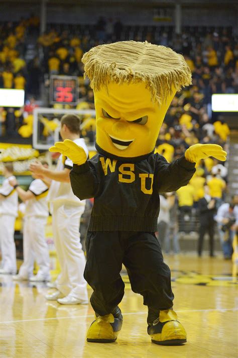 Download this stock image: February 10, 2018: Wichita State Shockers mascot WuShock entertains the crowd during a timeout in the NCAA Basketball Game between the Connecticut Huskies and the Wichita State Shockers at Charles Koch Arena in Wichita,Kansas. Kendall Shaw/CSM (Cal Sport Media via AP Images) - 2NXJXP8 from …. 