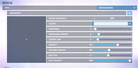 Widow crosshair. The best crosshair for Ana is going to be either a small cross or a dot. Image via Blizzard Entertainment. The basic settings for a small cross crosshair are as follows: Crosshair Type: Crosshairs; 